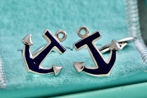 Tiffany & Co. Mens Silver Blue Enamel Anchor Cufflinks Vintage