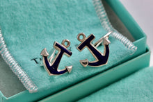 Load image into Gallery viewer, Tiffany &amp; Co. Mens Silver Blue Enamel Anchor Cufflinks Vintage
