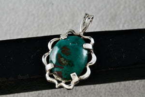 Native American Sterling Silver Oval Dark Green Turquoise Pendant