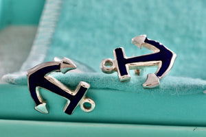 Tiffany & Co. Mens Silver Blue Enamel Anchor Cufflinks Vintage