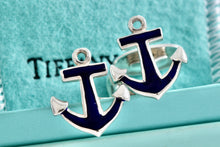 Load image into Gallery viewer, Tiffany &amp; Co. Mens Silver Blue Enamel Anchor Cufflinks Vintage
