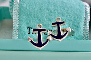 Tiffany & Co. Mens Silver Blue Enamel Anchor Cufflinks Vintage