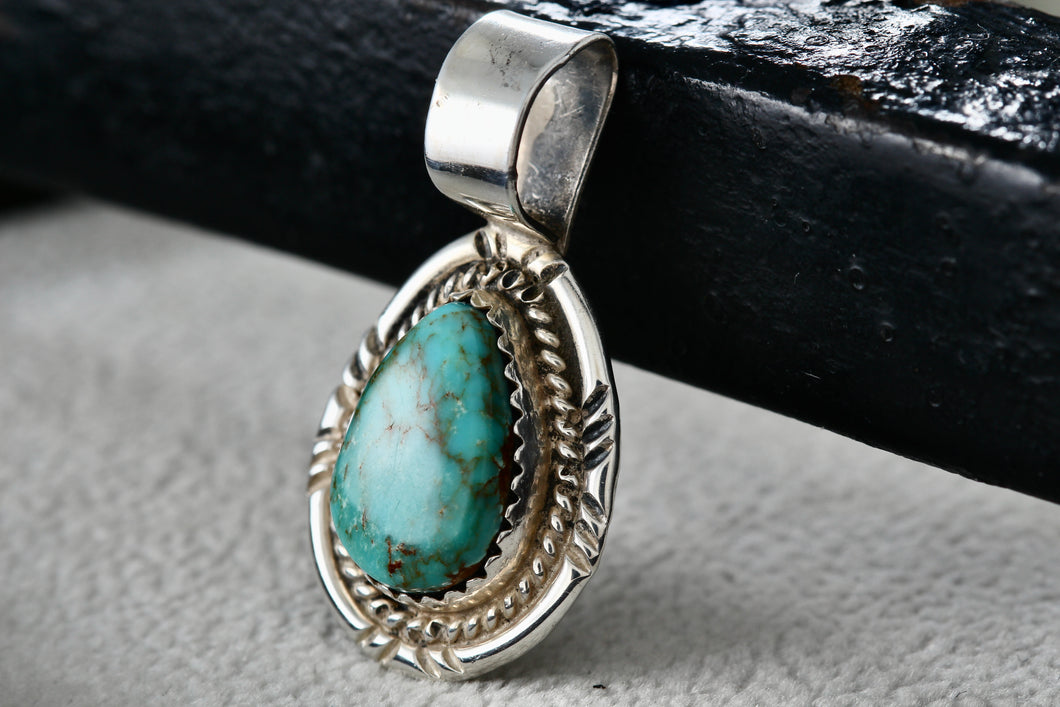 Native American Silver Turquoise Teardrop Pendant Signed AB Sterling