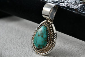 Native American Silver Turquoise Teardrop Pendant Signed AB Sterling