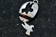 Load image into Gallery viewer, Native American Sterling Silver Onyx &amp; Red Coral Inay Double Stencil Eagle Pendant
