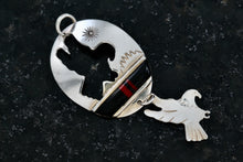 Load image into Gallery viewer, Native American Sterling Silver Onyx &amp; Red Coral Inay Double Stencil Eagle Pendant
