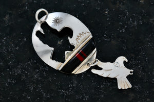 Native American Sterling Silver Onyx & Red Coral Inay Double Stencil Eagle Pendant