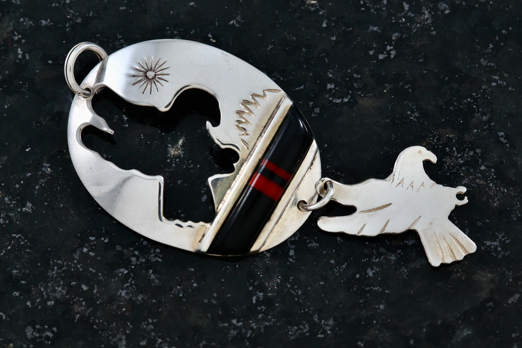 Native American Sterling Silver Onyx & Red Coral Inay Double Stencil Eagle Pendant