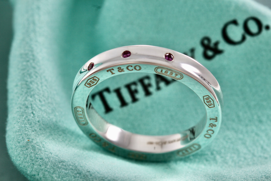 Tiffany & Co. 1837 Silver Narrow 3 Pink Sapphire Band Stacking Ring