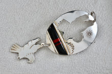 Load image into Gallery viewer, Native American Sterling Silver Onyx &amp; Red Coral Inay Double Stencil Eagle Pendant
