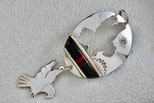 Load image into Gallery viewer, Native American Sterling Silver Onyx &amp; Red Coral Inay Double Stencil Eagle Pendant
