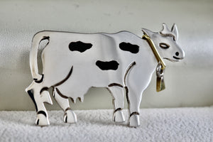 Taxco Mexico Sterling Silver Copper Black Enamel Cow Brooch Pin