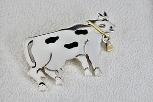 Taxco Mexico Sterling Silver Copper Black Enamel Cow Brooch Pin