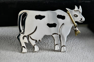 Taxco Mexico Sterling Silver Copper Black Enamel Cow Brooch Pin