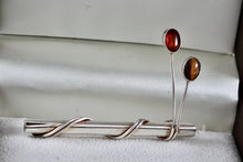 Load image into Gallery viewer, Taxco Mexico Sterling Silver Amber &amp; Tiger Eye Wrapped Bar Brooch Pin
