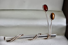 Load image into Gallery viewer, Taxco Mexico Sterling Silver Amber &amp; Tiger Eye Wrapped Bar Brooch Pin
