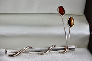 Taxco Mexico Sterling Silver Amber & Tiger Eye Wrapped Bar Brooch Pin