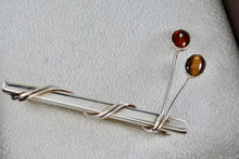 Load image into Gallery viewer, Taxco Mexico Sterling Silver Amber &amp; Tiger Eye Wrapped Bar Brooch Pin
