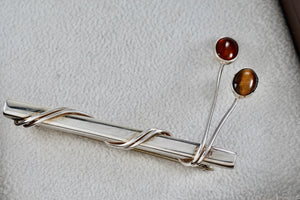 Taxco Mexico Sterling Silver Amber & Tiger Eye Wrapped Bar Brooch Pin