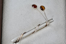 Load image into Gallery viewer, Taxco Mexico Sterling Silver Amber &amp; Tiger Eye Wrapped Bar Brooch Pin
