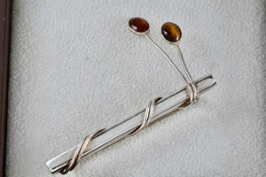 Taxco Mexico Sterling Silver Amber & Tiger Eye Wrapped Bar Brooch Pin