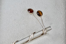 Load image into Gallery viewer, Taxco Mexico Sterling Silver Amber &amp; Tiger Eye Wrapped Bar Brooch Pin
