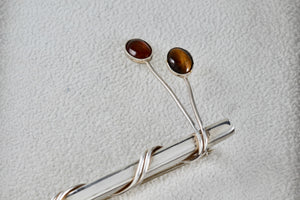 Taxco Mexico Sterling Silver Amber & Tiger Eye Wrapped Bar Brooch Pin