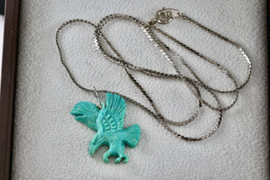 Native American Sterling Silver Turquoise Carved Eagle Pendant 20" Necklace