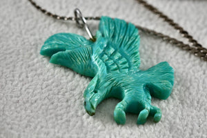 Native American Sterling Silver Turquoise Carved Eagle Pendant 20" Necklace