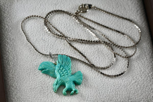 Native American Sterling Silver Turquoise Carved Eagle Pendant 20" Necklace