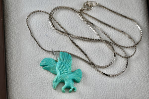 Native American Sterling Silver Turquoise Carved Eagle Pendant 20" Necklace