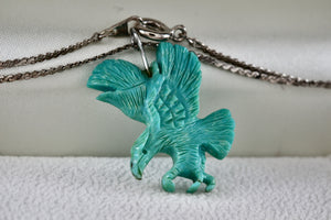 Native American Sterling Silver Turquoise Carved Eagle Pendant 20" Necklace