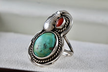 Load image into Gallery viewer, Native American Large Turquoise Oval Red Coral Rope Feather Ring Size 7
