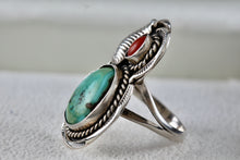 Load image into Gallery viewer, Native American Large Turquoise Oval Red Coral Rope Feather Ring Size 7
