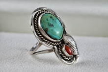 Load image into Gallery viewer, Native American Large Turquoise Oval Red Coral Rope Feather Ring Size 7
