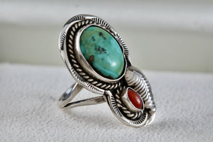 Native American Large Turquoise Oval Red Coral Rope Feather Ring Size 7