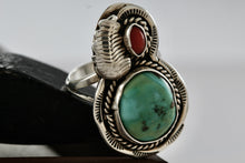 Load image into Gallery viewer, Native American Large Turquoise Oval Red Coral Rope Feather Ring Size 7
