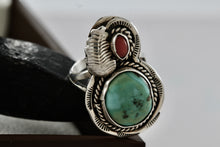 Load image into Gallery viewer, Native American Large Turquoise Oval Red Coral Rope Feather Ring Size 7
