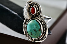 Load image into Gallery viewer, Native American Large Turquoise Oval Red Coral Rope Feather Ring Size 7
