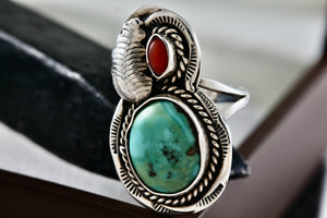 Native American Large Turquoise Oval Red Coral Rope Feather Ring Size 7