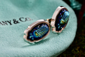 Tiffany & Co. Scarab Blue Favrile Stud Earrings *18Kt. Gold Post*