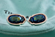 Load image into Gallery viewer, Tiffany &amp; Co. Scarab Blue Favrile Stud Earrings *18Kt. Gold Post*
