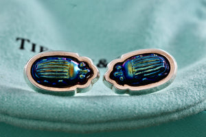 Tiffany & Co. Scarab Blue Favrile Stud Earrings *18Kt. Gold Post*