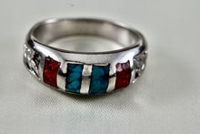 Load image into Gallery viewer, Native American Stainless Steel Turquoise Coral Chip Inlay Mirror Row Band Ring Size 5
