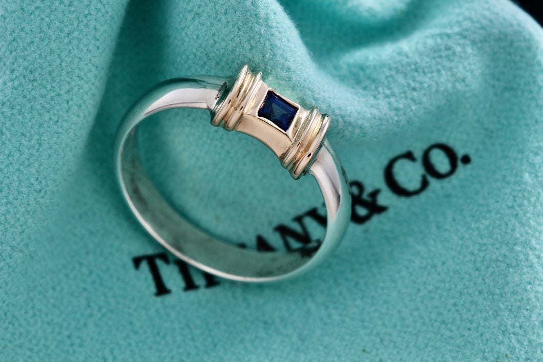 Tiffany & Co. 14K Gold Silver Blue Sapphire Stacking Ring