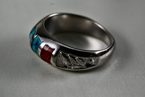 Native American Stainless Steel Turquoise Coral Chip Inlay Mirror Row Band Ring Size 5