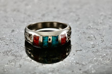 Load image into Gallery viewer, Native American Stainless Steel Turquoise Coral Chip Inlay Mirror Row Band Ring Size 5
