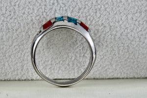 Native American Stainless Steel Turquoise Coral Chip Inlay Mirror Row Band Ring Size 5