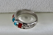 Load image into Gallery viewer, Native American Stainless Steel Turquoise Coral Chip Inlay Mirror Row Band Ring Size 5
