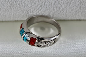 Native American Stainless Steel Turquoise Coral Chip Inlay Mirror Row Band Ring Size 5